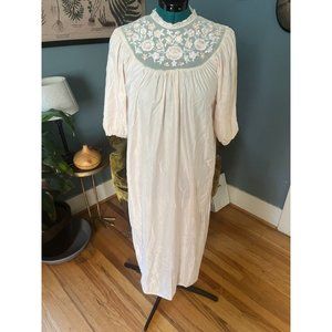 Vintage 1960s Pink Satin + White Lace Bib 3/4 Sleeve Long Nightgown Nightie Slee